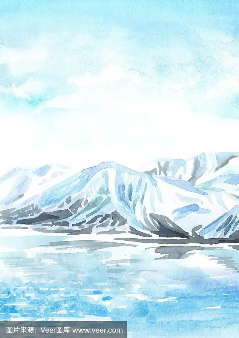 北极景观和冰川.背景与复制空间.手绘垂直水彩插图
