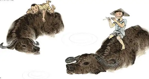 页面右上角上是青青柳树,页面右下角是牧童骑牛.