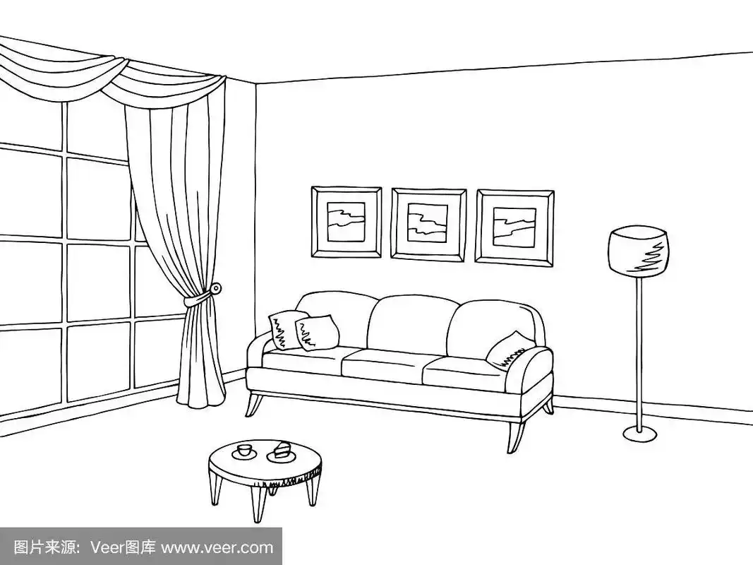 客厅室内黑白素描插图矢量
