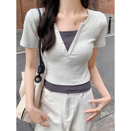 上衣 拼色假两件设计感修身 纯欲短款 粉色v领正肩短袖 - 女装/女士