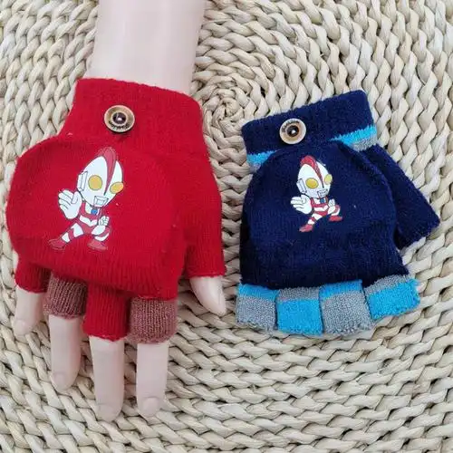 5610儿童奥特曼手套男童翻盖半指可爱卡通冬季加厚保暖宝宝写字q深浅