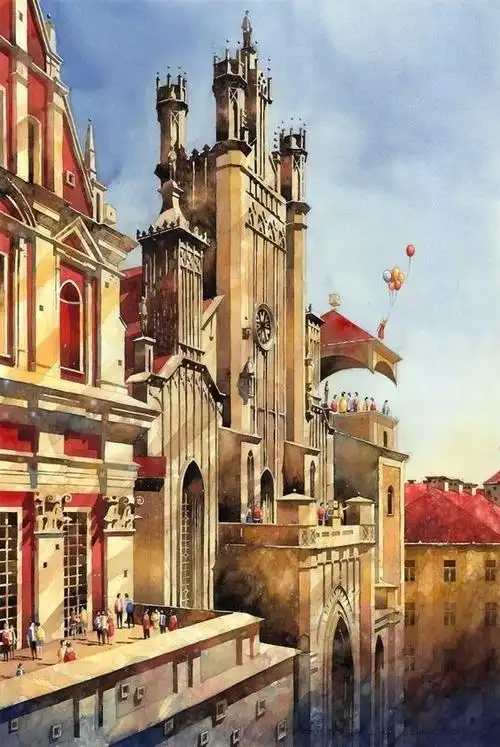 水彩城市波兰建筑师,画家tytus b.