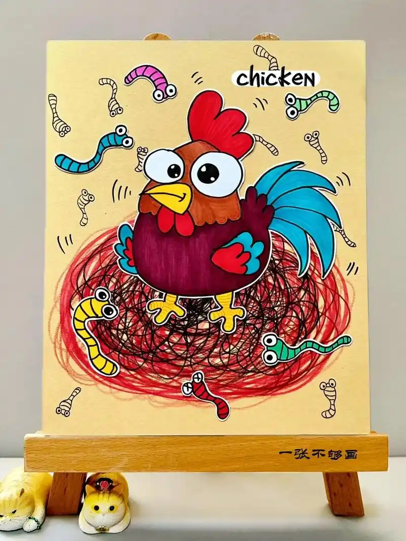 爱吃虫子的母鸡创意儿童画.