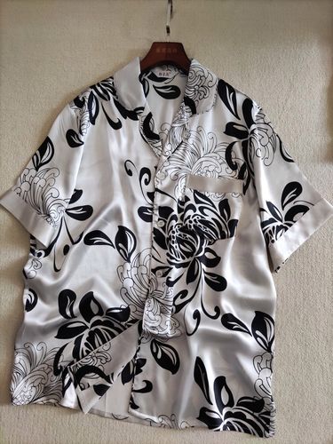 黑白印花真丝素绉缎睡衣套装夏桑蚕丝气质简约短袖长裤家居服男款
