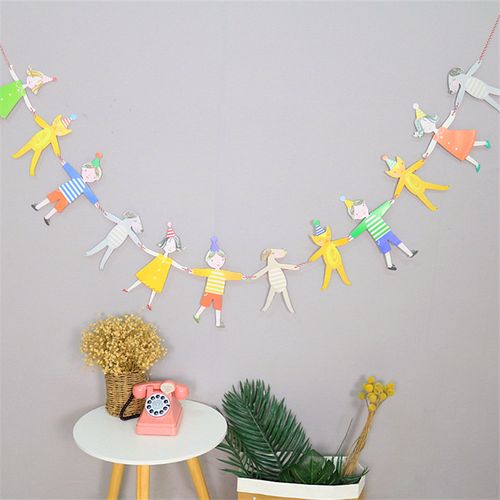 生日拉旗宝宝周岁背景墙布置网红派对快乐儿童卡通手拉手挂旗装饰