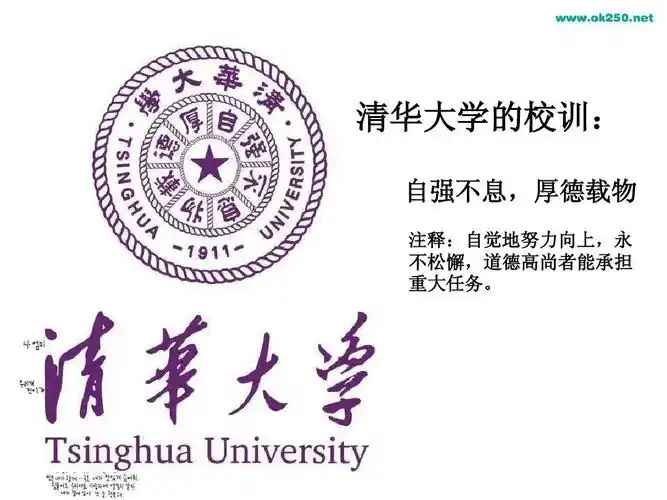 清华大学的校训: 自强不息,厚德载物 注释:自觉地努力向上,永 不松懈