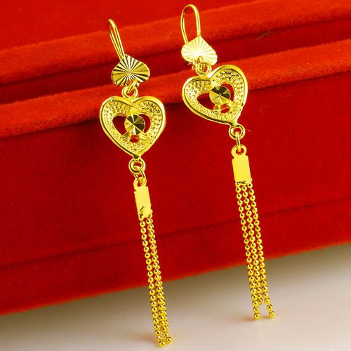 正品黄金耳环女款爱心形耳坠子长款流苏时尚新款9999足金纯金首饰