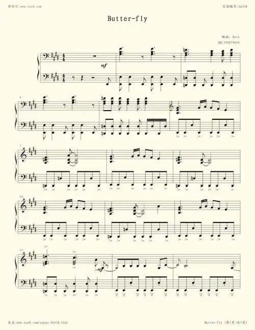 钢琴谱:butter-fly (数码宝贝第1部《数码暴龙大冒险》片头曲)