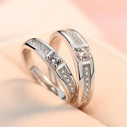 镀白金情侣对戒结婚戒指镶钻高端情侣戒指开口创意镶锆石水晶指环