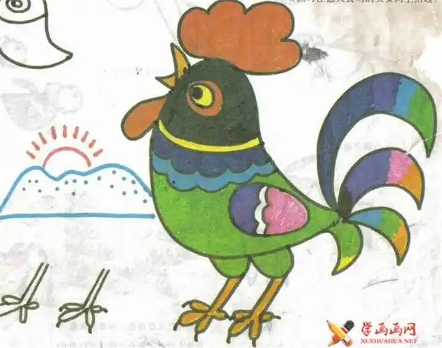 儿童画公鸡,水彩画穿着花衣裳的大公鸡
