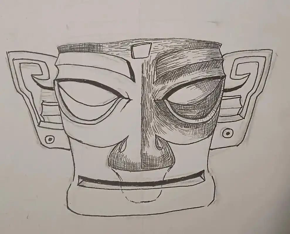 手绘 #画画 #三星堆青铜大面具 中外美术史的作业,正好让 - 抖音
