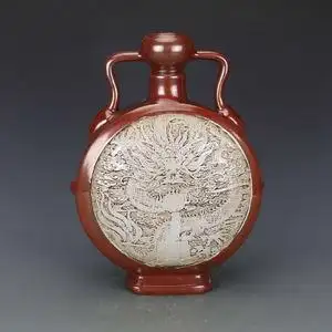民国王炳荣紫金釉雕刻龙纹抱月瓶仿古瓷器古董古玩包老保真摆件