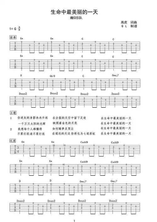 痛仰乐队《生命中最美丽的一天》吉他谱