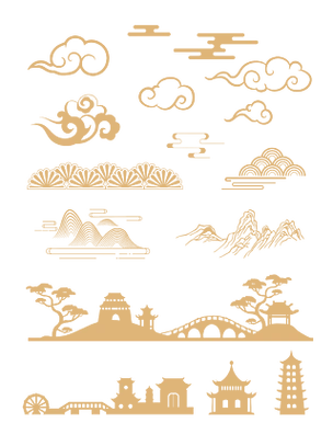 祥云花纹山古建筑亭子宝塔中式矢量元素组合