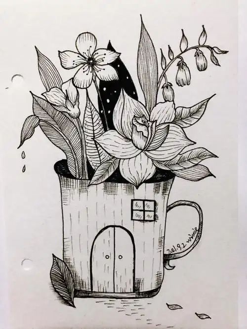 控笔练习85day植物线描含线稿黑白装饰画