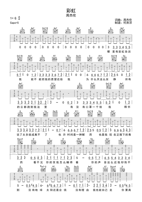 彩虹(g调版)吉他谱 周杰伦-彼岸吉他 - 一站式吉他爱好者服务平台