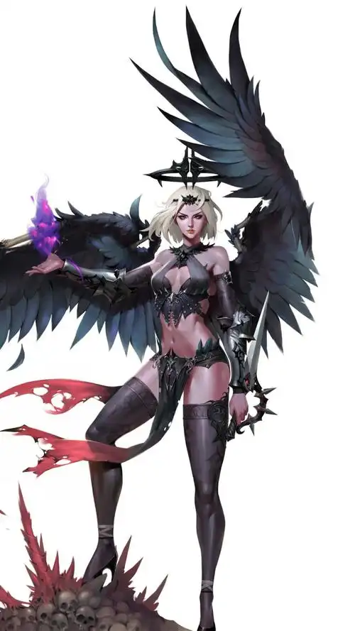 脚踩骷髅头手拿匕首,有一双大翅膀的动漫女恶魔高清手机壁纸