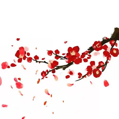 中国画风格枝头的桃花和飘落的红色花瓣png图片免抠素材