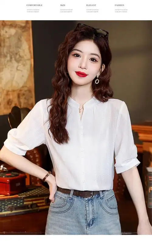 实拍立领短袖衬衫女夏季2024棉质v领中袖职业衬衣气质通勤上衣 - 17网