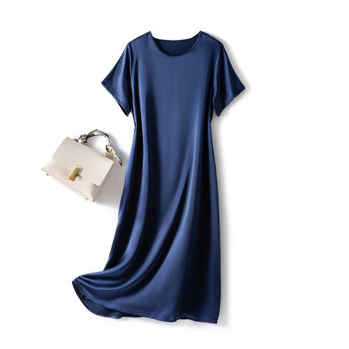 重磅真丝连衣裙夏季清凉纯色短袖宽松袍子裙桑连衣裙