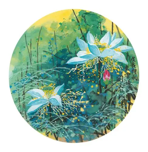 画家刘文顺泼彩荷花团扇作品