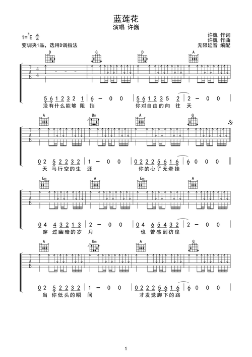 许巍蓝莲花吉他谱d调指法