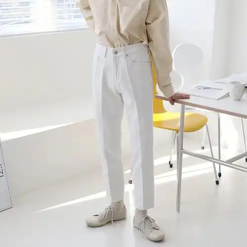 男士穿搭白色韩版牛仔裤  #显瘦白色裤子  #白色裤子  #男生白裤子