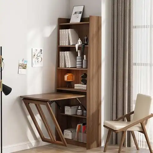 多用折柜一体式隐藏台面书桌书柜组合可折叠实木书桌