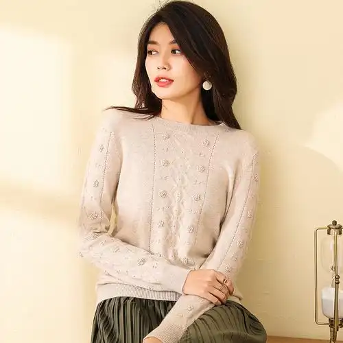 恒源祥19秋冬纯羊绒衫女圆领套头纯色针织衫手工钩花毛衣外穿上衣