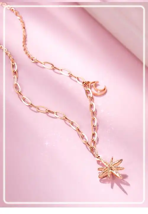 菜百首饰星河涟漪系列18k金项链仙女风星星月亮链坠吊坠女士新品