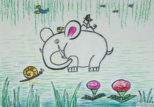 大象和它的伙伴水彩画_儿童画的作品图片观赏