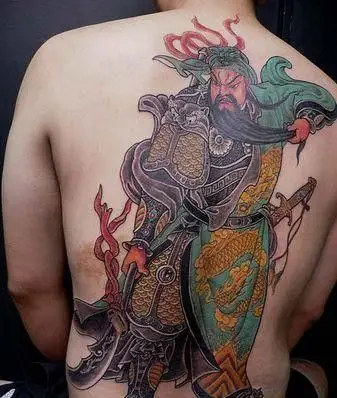 男生彩色满背关公纹身图片大全