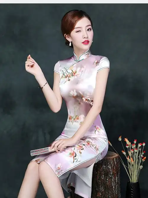 欧迪鸟品牌女装真丝旗袍女夏季新款中长款改良复古旗袍裙日常修身