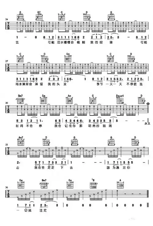 因为遇见你吉他谱王源g调弹唱六线谱高清图片谱