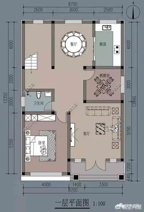 3米户型一:8x13米的农村别墅,属于面宽小进深长的一种类型,但是要求