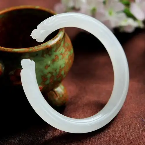 海派开口二龙戏珠和田白玉手镯少女羊脂玉石镯子手饰