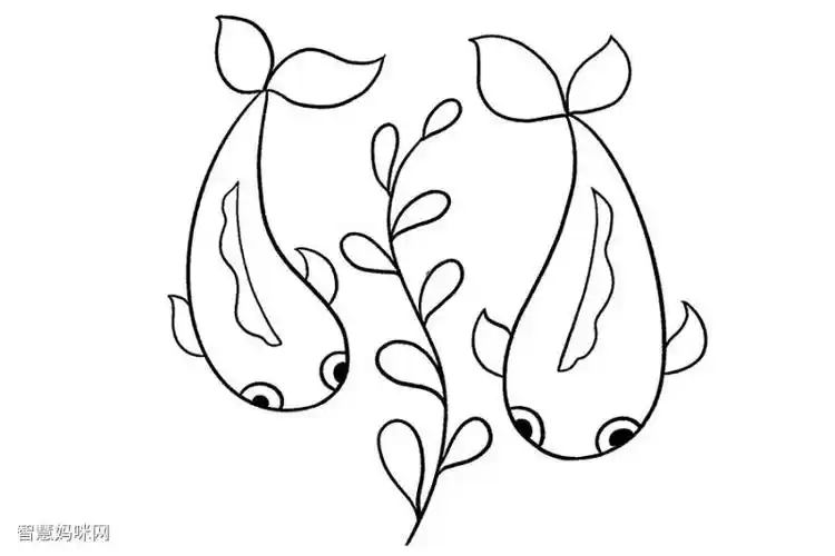 步骤6:简单的画上水草,两条嬉戏的小鱼就画好啦,是不是非常简单?