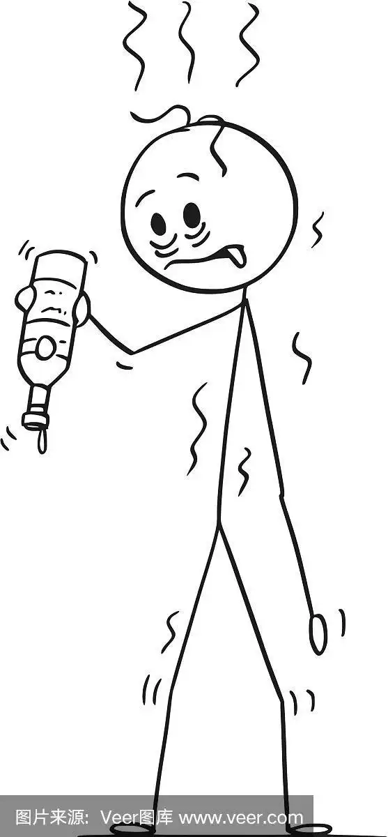 卡通口渴的醉汉,他的瓶子