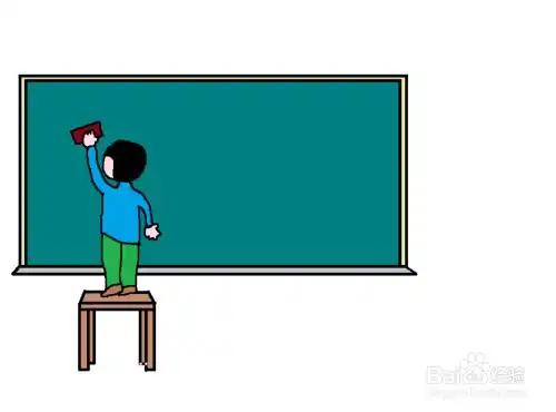 黑板旁边画一个踩在凳子上正在擦黑板的男孩.