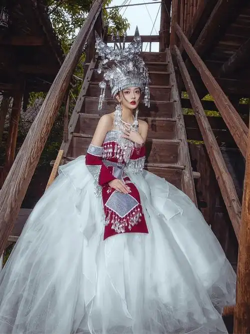 苗族服饰土家族网红民族风黑白白纱闺蜜套装苗寨民族服装