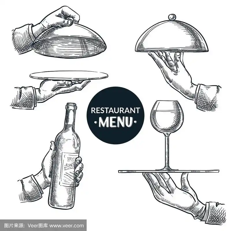 服务员手持托盘.矢量手绘草图插图.餐厅菜单,餐饮服务设计元素