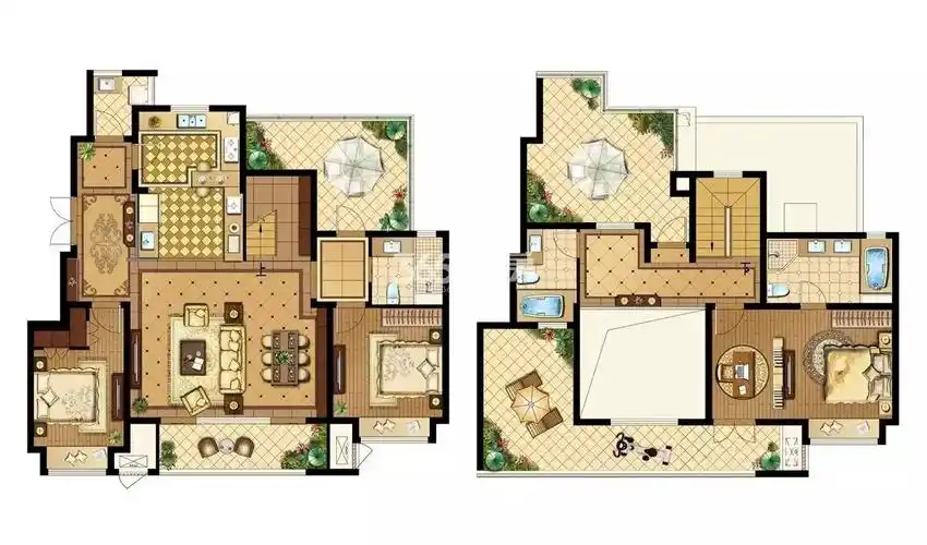 178平户型图户型点评:上下层多露台设计,一层餐客厅南接大面宽阳台