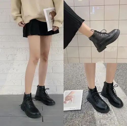 黑色马丁靴女2019新款原宿风复古圆头帅气百搭英伦秋冬单靴短靴子