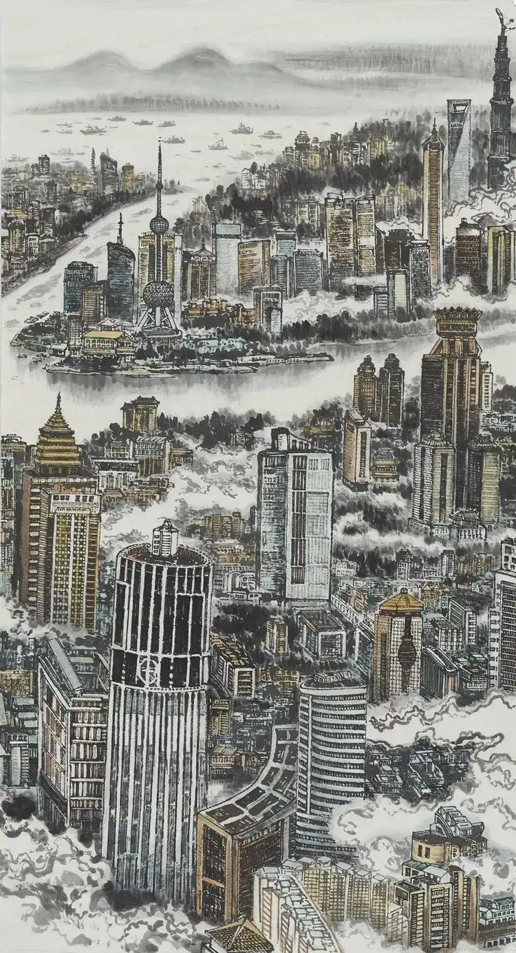 王陇花城市山水画的"神韵",是在传统水墨画中求同存异