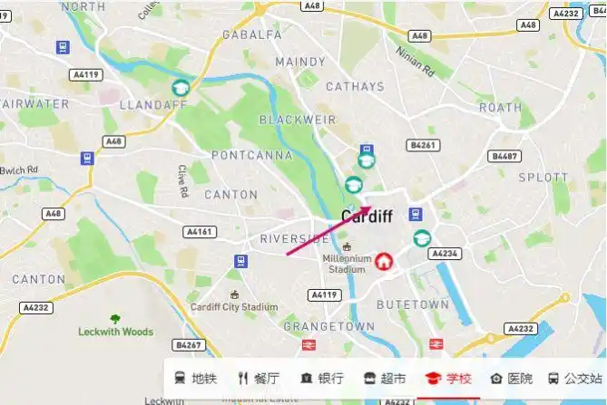 步行15min到卡迪夫大学工学院步行10min到卡迪夫大学传媒学院步行7min