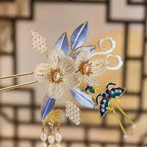 【弥耳】古风串珠描金真丝缠花珍珠流苏步摇头饰发簪汉服簪子旗袍