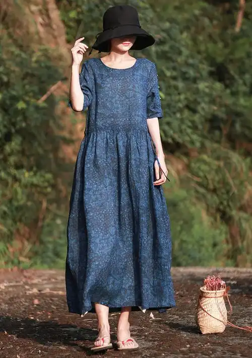 【东方豆蔻】新款棉麻连衣裙纯苎麻印花过膝长款优雅文艺长裙子