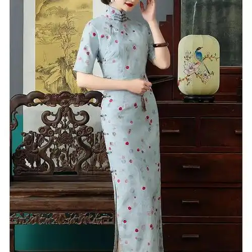 春夏新款连肩袖短袖旗袍遮肉显瘦浅色古法开襟仿棉麻旗袍小高领