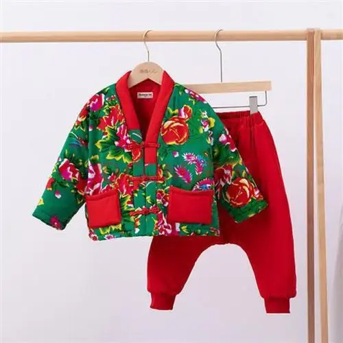 璐依蝶影中国风东北大花男拜年服冬季过新年棉袄套装 绿衣配红.裤 90