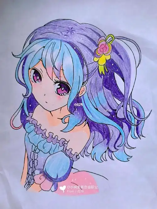 动漫俯视女孩彩铅